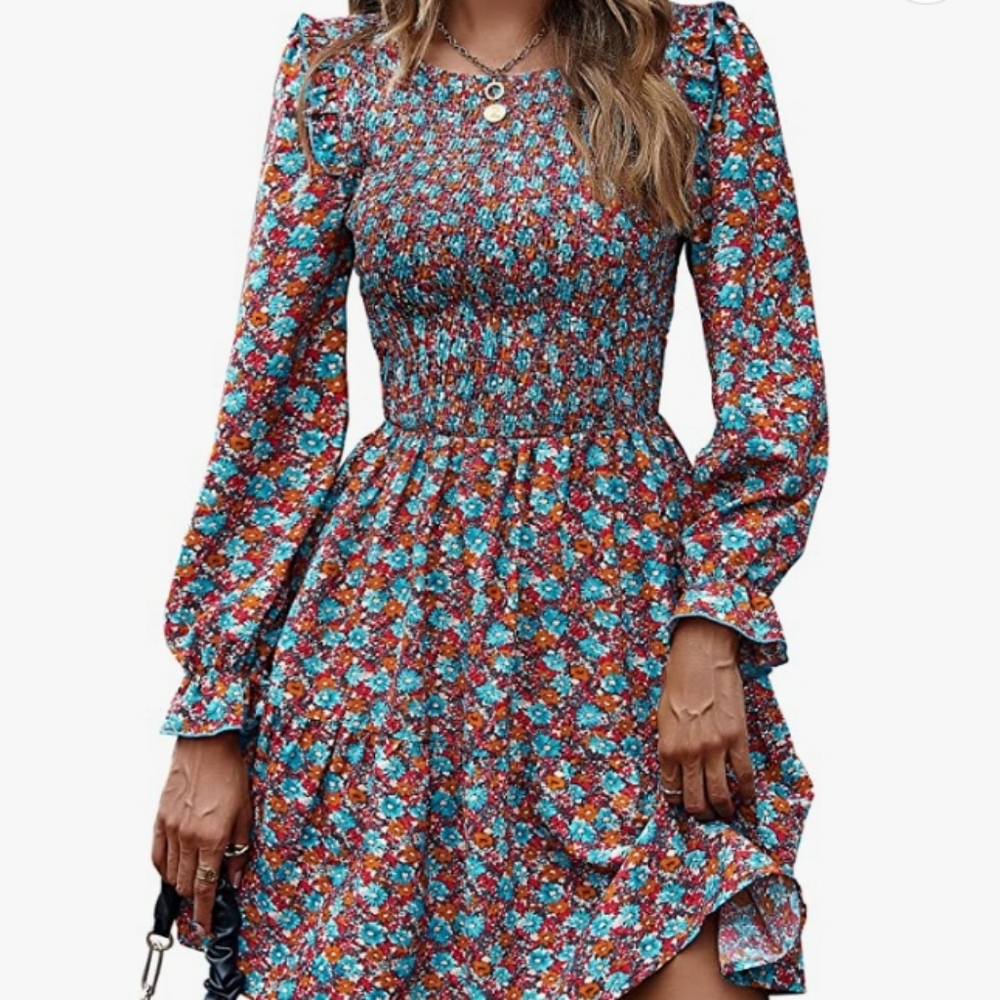 Women's Floral Print Ruffle Long Sleeve Crewneck Smocked High Waist, Small NWT